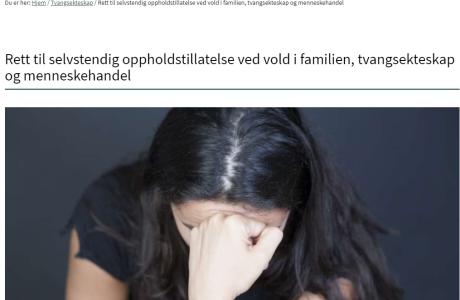 Bilde av nettside fra Dinutvei: Rett til selvstendig oppholdstillatelse ved vold i familien, tvangsekteskap og menneskehandel 